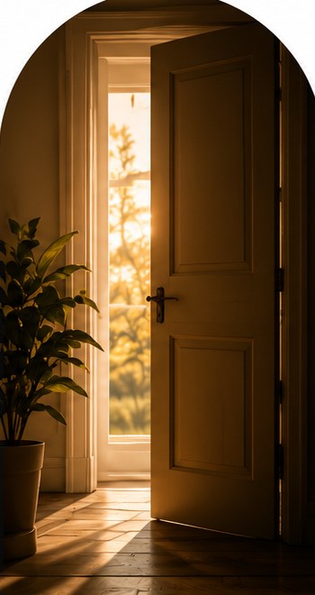 A door standing ajar with warm light beyond — the After Hi. door