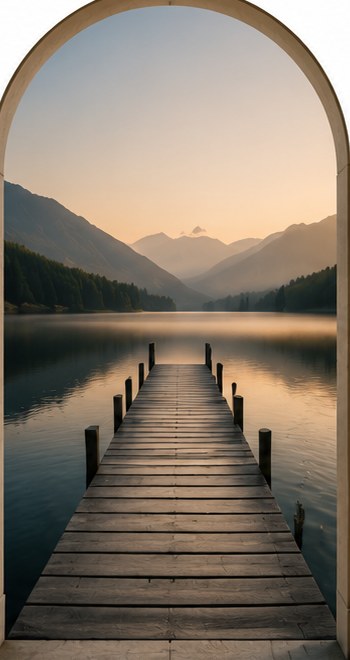 A dock reaching into calm morning water — The Day After door