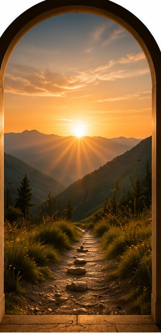 A sunlit path through hills — the Free and Clear door