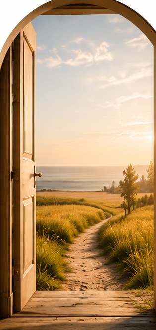 Doors opening onto a sunlit field path — the Hi. door