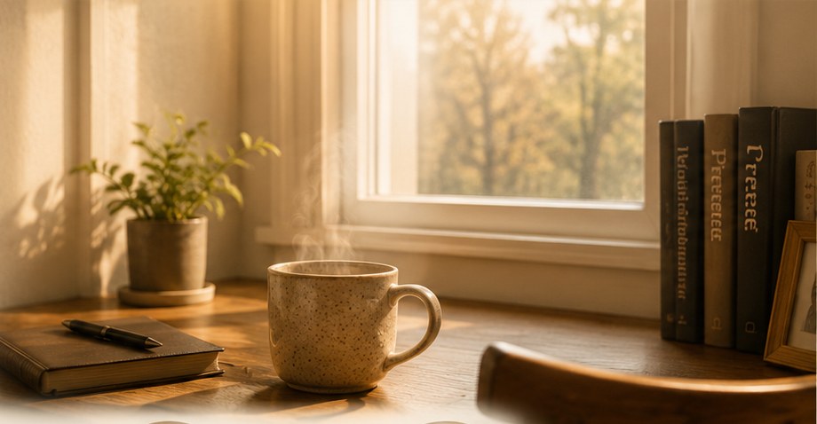 A steaming mug, a journal, and a plant on a warm desk by a window